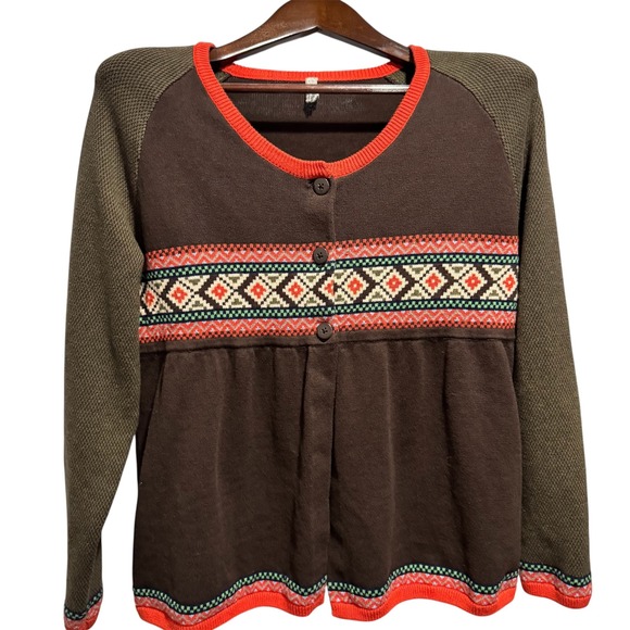 Hanna Andersson Fair Isle Cardigan Sweater Brown Orange Cotton Blend Sz L - Picture 1 of 10